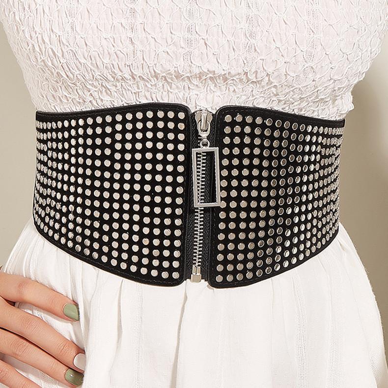 Small Multiple Flat Nail Zipper Waist Seal Waistband With Rivets Belt Black