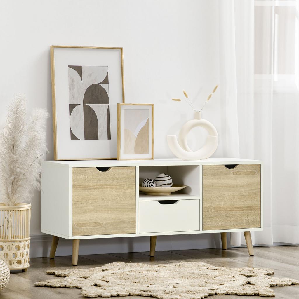 TV Unit Cabinet for TVs up to 50 Inches, TV Stand with Storage Cabinets and Drawer for Living Room and Bedroom, Natural
