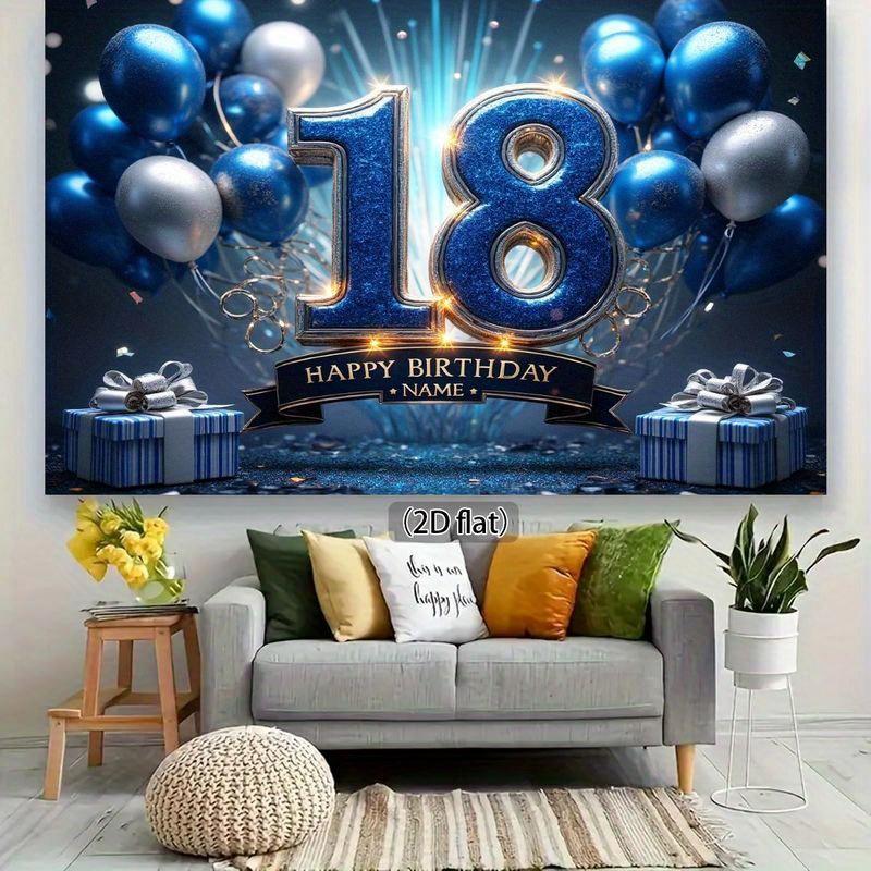 Flat 2D Design, 18th Birthday Decoration Set (for Men) - Shiny Digital 18 Balloon, Happy Birthday Banner, Party Supplies