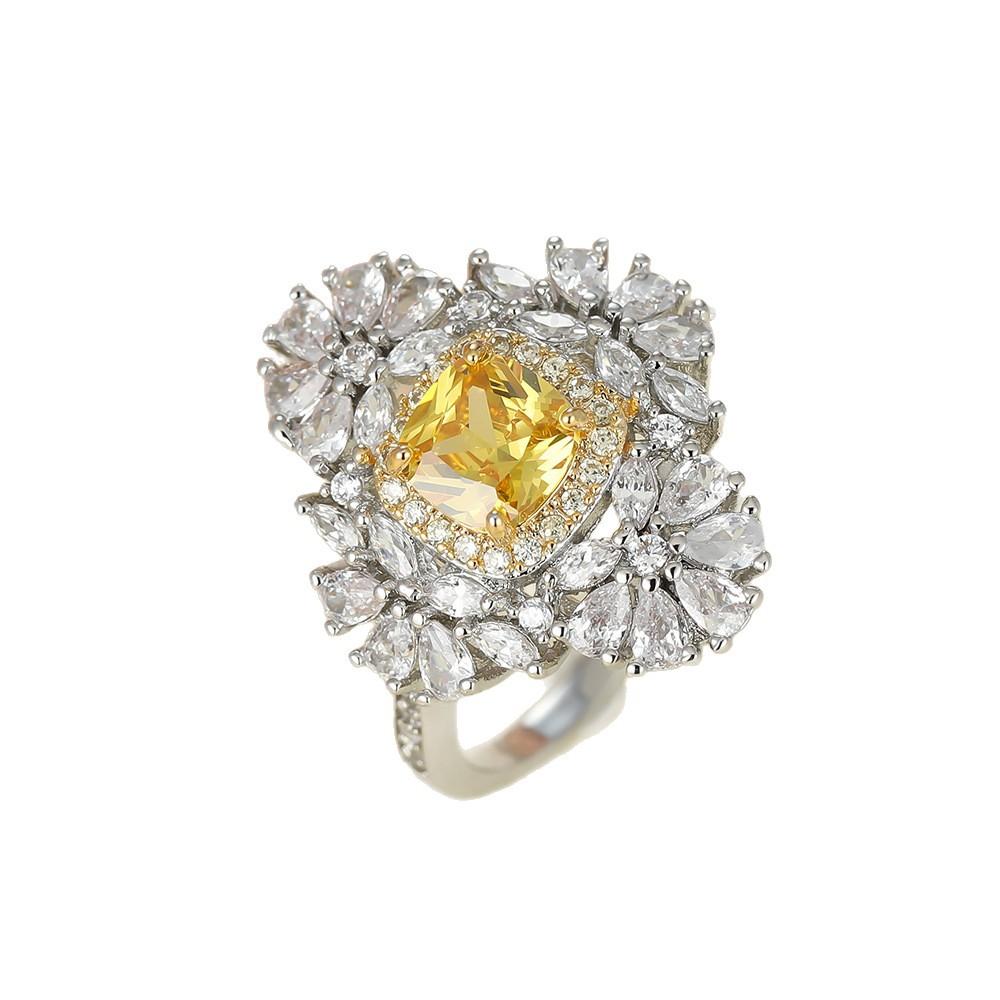 European and American Luxury Heart-shaped Yellow Diamond Open Ring for Women Double-layer Horse-eye Diamond Snowflake Ring with Colorful Gemstones