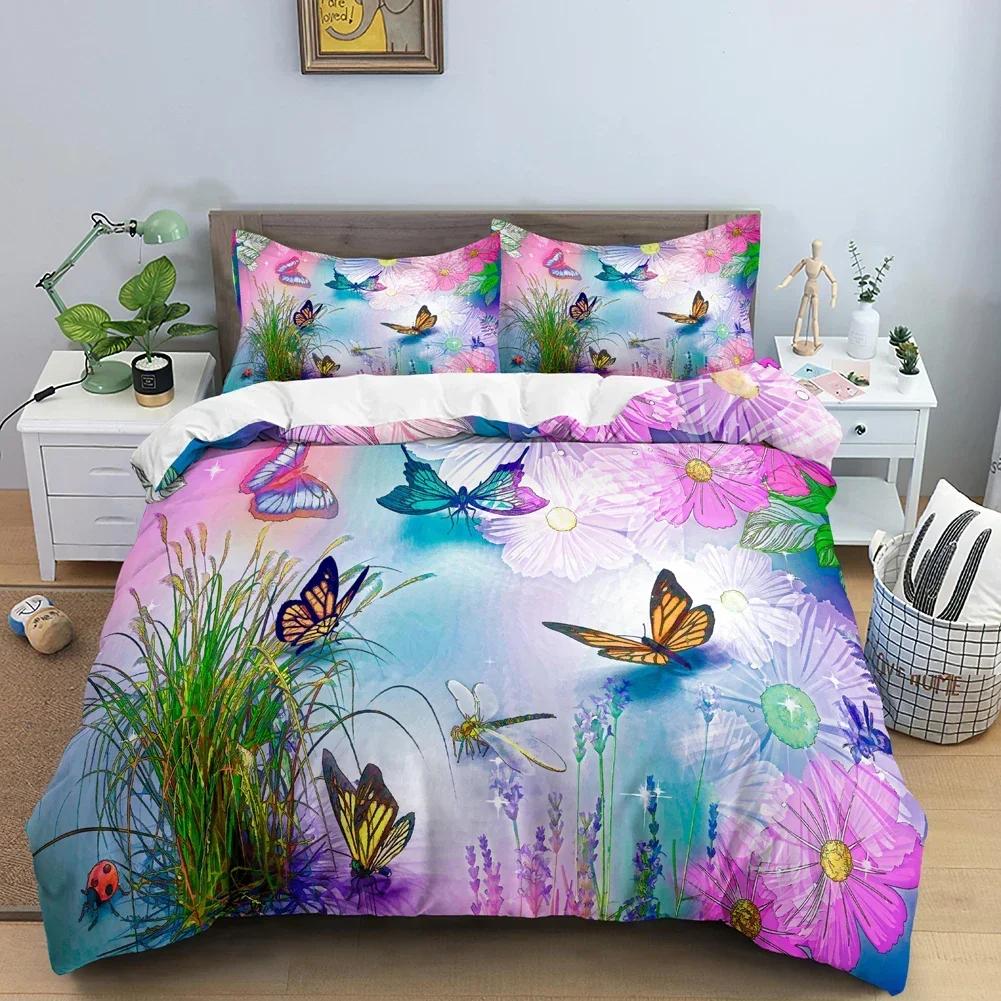 Luxury New 3D Print Butterfly Bedding Set Flower Duvet Cover Quilt Cover With Zipper Queen Double Polyester Girl Christmas Gift