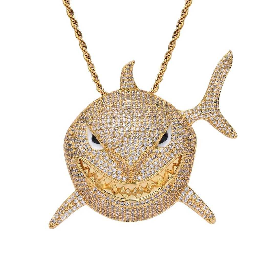 BES Moda Argento Placcato Forma di Squalo Collana con Ciondolo Stile Hip Hop Zircone Iced Out per Anniversario con Catena a Corda