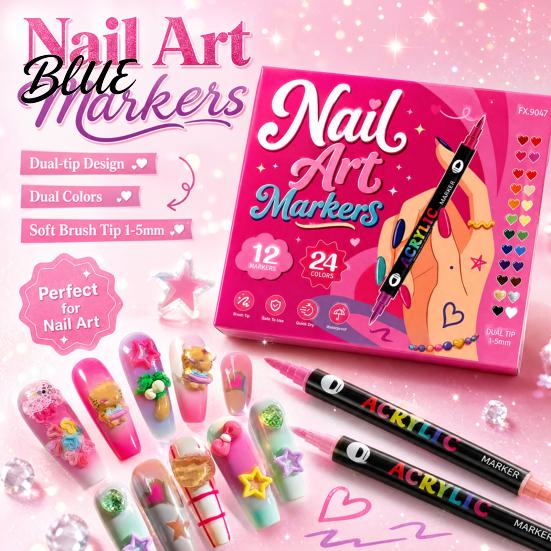 Quick Drying Nail Polish Pens 12Pcs Dual‑Tip Art Markers Set 24 Colors Acrylic Painting Pens Supplies for Salon Dry Waterproof Drawing DIY