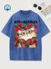 Fashion Women'S Washed  Cute Cat Strawberry Print T-Shirt Vintage Style Short Sleeve Heavy Wash T Shirt Unisex