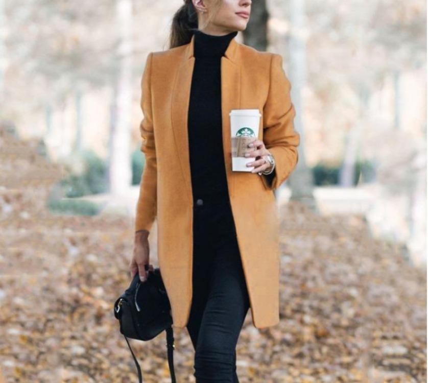 Women's Slim Woolen Coat Stand Up Collar European American Style 2020
