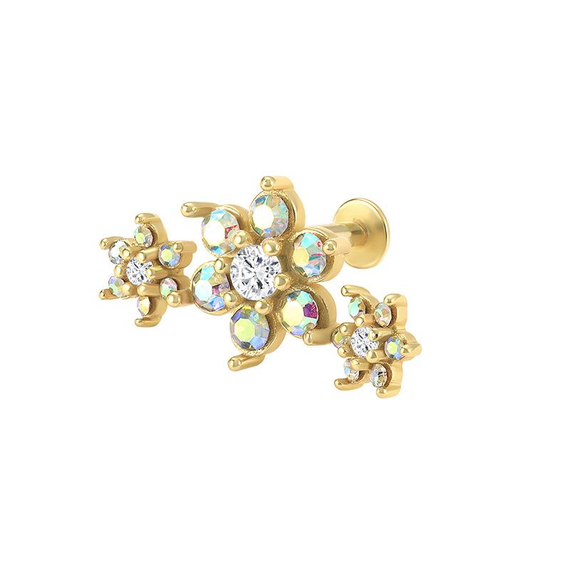 S925 Sterling Silver Five-Petaled Flower Flat Head Internal Thread Puncture Cartilage Stud Earrings, Earrings, Ab Colored Diamond Earrings