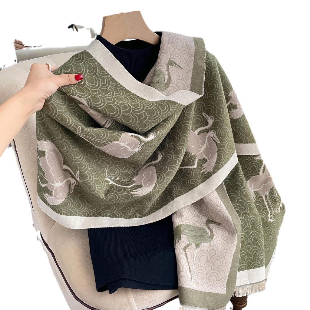 Crane Picture Imitation Cashmere Thickened Scarf Scarf Women'S Extended Printed Fashionable Simple Shawl
