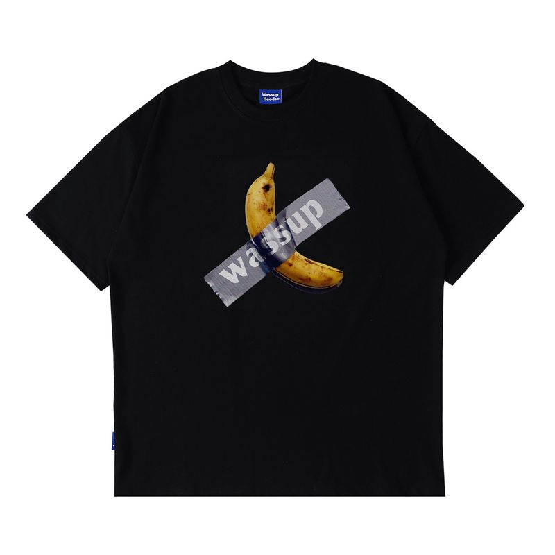 Wassup Heods Banana Sticker Trendy Brand T-Shirt for Men and Women, New Summer Style, Pure Cotton, Versatile Casual Couple Short-Sleeve Shirt