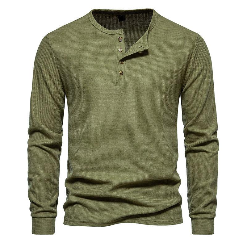 Spring Autumn Waffle Henley T-Shirt Men Basic Breathable Men's Long Sleeve Tops Tees Casual Solid Color Button T Shirts