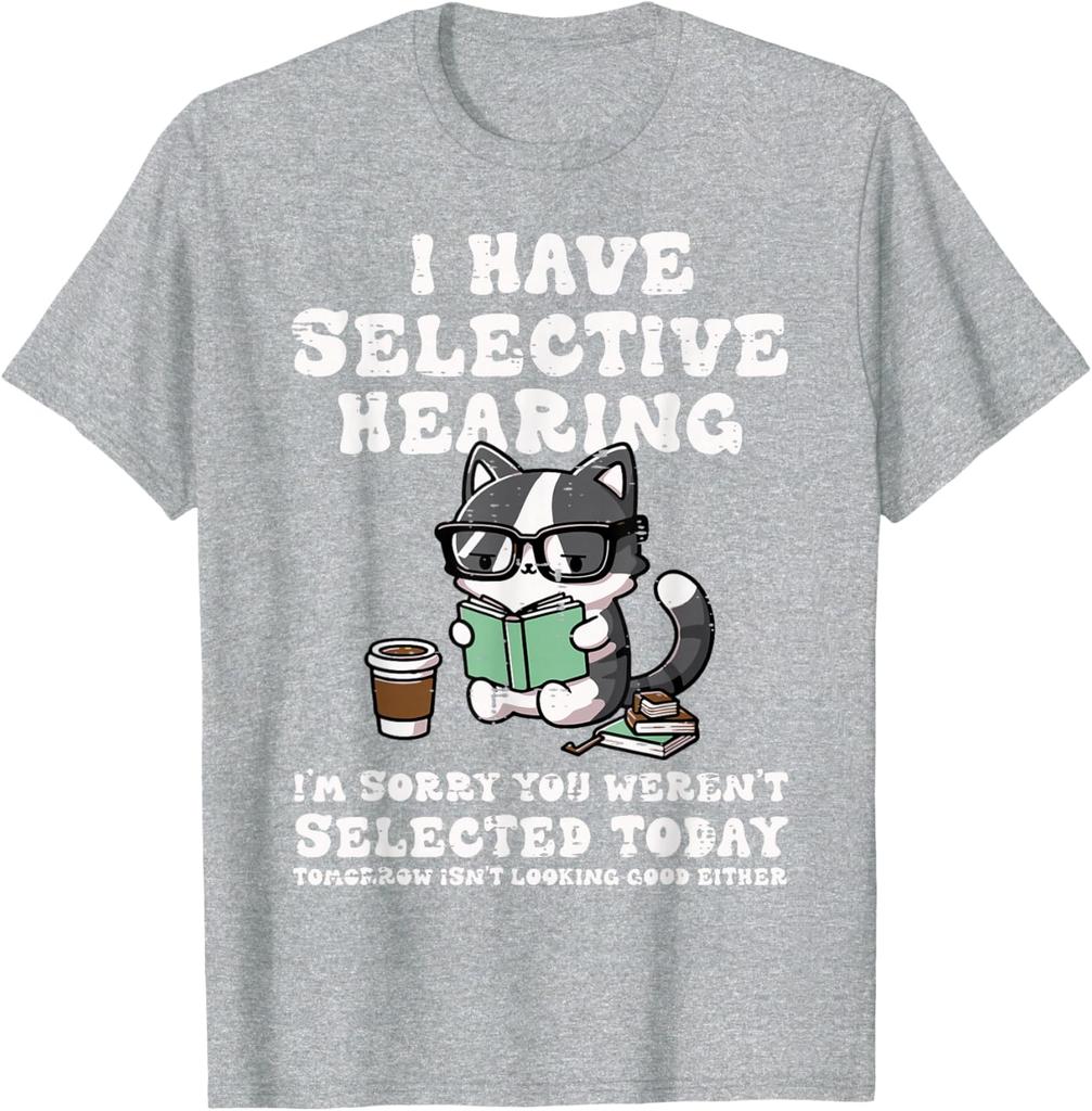 Funny Selective Hearing Cat Reading Graphic Tee Casual Cotton Short Sleeve TShirt for Men