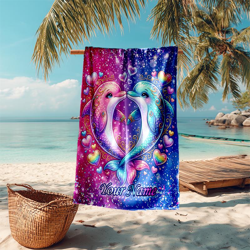 1PC Custom Name Dolphins Love Artwork Beach Towel Highly Absorbent And Sand-Resistant Towel for Swimming, Pool, Yoga, And Travel Lightweight