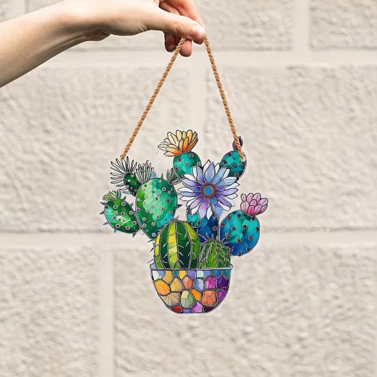 Yousheng Cactus Window Decor, Acrylic with Hemp Rope Lanyard Suncatcher, Lightweight Double Sided Printed Tropical Wall