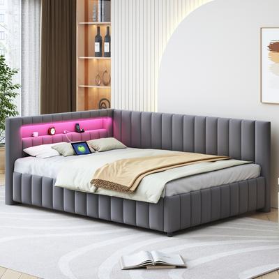 Sofa z tapicerowanym łóżkiem 140x200, Tapicerowana tkaniną aksamitną z oświetleniem LED i portem ładowania USB, Oparcie, Zagłówek i Solidna Rama Łóżka Szary