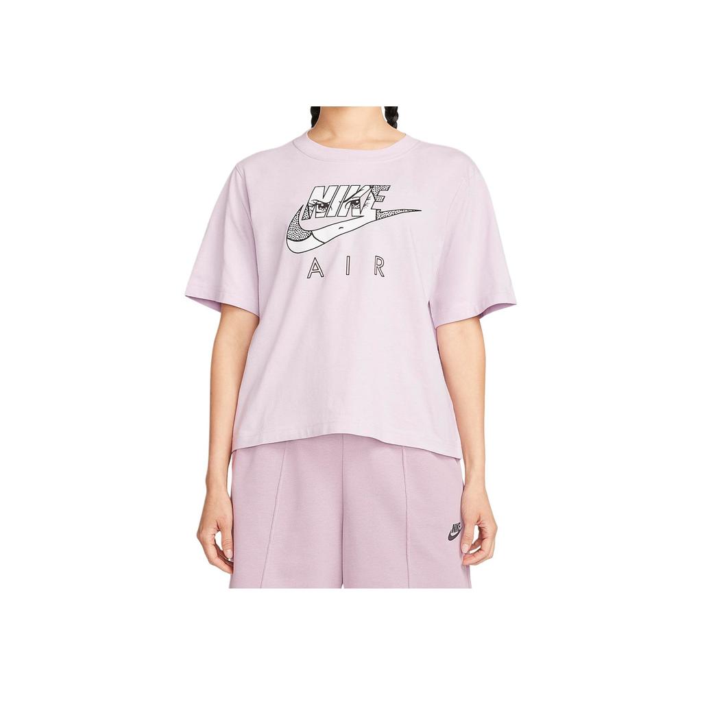 Nike Sportswear Boxy Large Logo Print Vintage American Crew Neck Short Sleeve T-Shirt Women Tops Pink Purple DQ3269-530