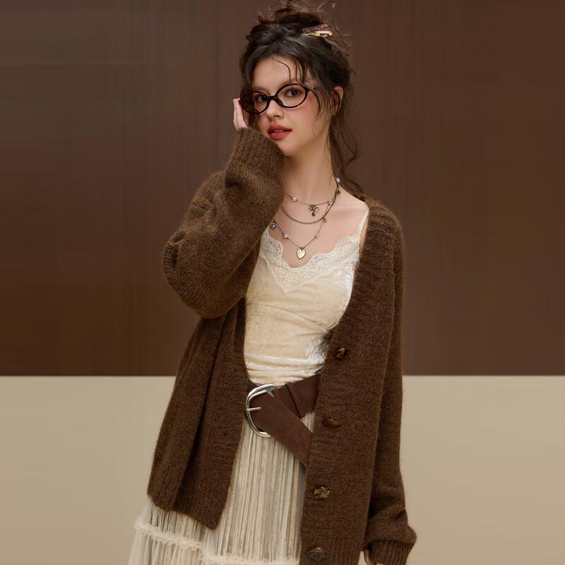 Sancai Duxing 2025 Winter V-Neck Loose Knit Cardigan