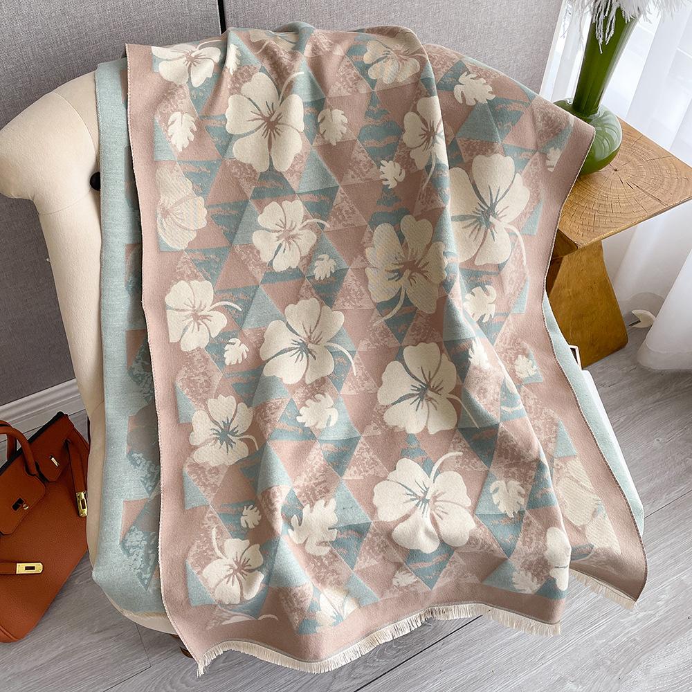 Verdickter doppelseitiger Kaschmir-Imitationsschal vierblättriges Kleeblatt modisch und schlicht doppelt verwendbares großes Schultertuch mit Fransen warmer Schal Damen