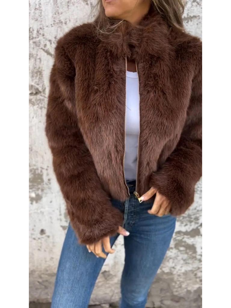 European & American Women's Fur High Neck Zipper Casual Top Coat - 2024 Autumn/Winter Collection