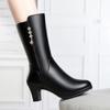 2024 Women's Boots Winter Warm Soft Fashion Leather Female Boots High-heeled Plush Trend Mid-calf Zipper Round Head Boots