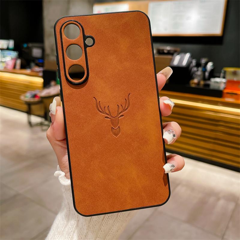 PU Lær Preget Hjort Telefondeksel For Samsung Galaxy S25 S24 S23 S22 S21 FE Ultra Plus A56 A36 A26 A16 A55 A54 A53 A52S Deksel