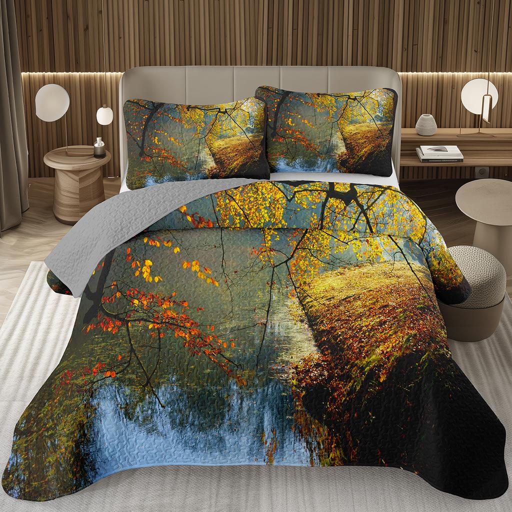 Fall Leaves Bedspread Set Queen/Twin, Autumn Maple Leaf Quilt Set, Soft Lightweight Botanical Coverlet, Rustic Farmhouse Bedding