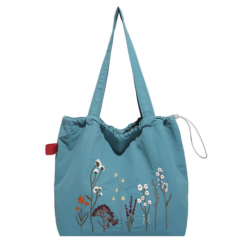 Thickened~ Vintage Nylon Tote Bag Large Capacity Embroidered Shoulder Bundle Mouth Bag Student Class Commuter Bag