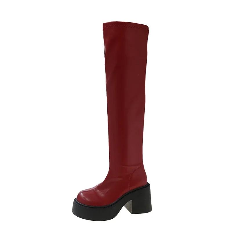 Punk Style Women's Knee High Boots, Fashionable Round Toe Boots, Autumn and Winter Thick Soled High-heeled Women's Boots