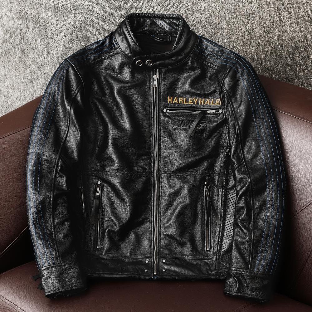 Men Genuine Leather Motorcycle Jacket Heavyweight Biker Coat with Armor Pockets