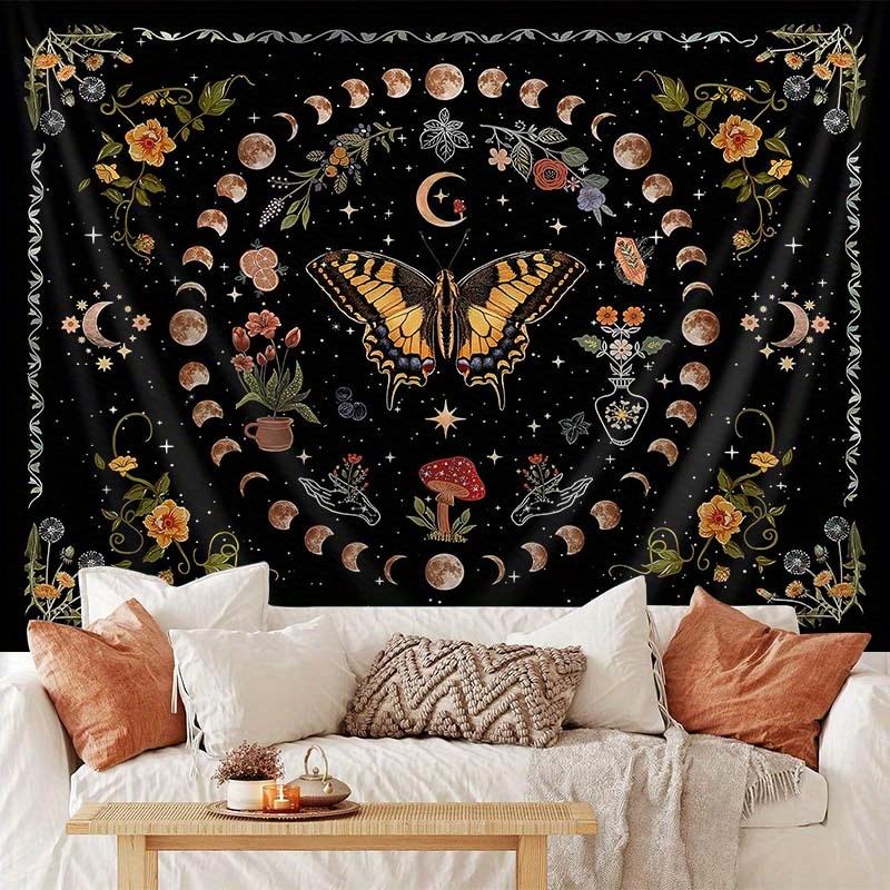 VIKAMA Retro Black Gold Butterfly Moon Phase Tapestry Mysterious Tarot Card Flower Art Tapestry Bedroom Bedhead Wall Decoration