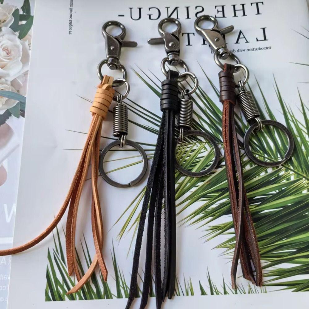 Cowhide Genuine Leather Keychain Handmade Car Keychian Personalized Cowhide Tassel Key Chain  Gift