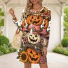Women Plus Size Round Neck Long Sleeve Halloween Sloth Printed White A Line Dress