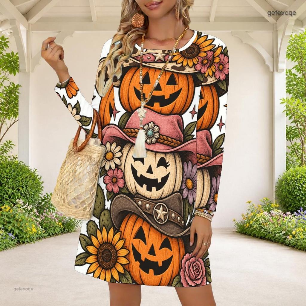 Women Plus Size Round Neck Long Sleeve Halloween Sloth Printed White A Line Dress