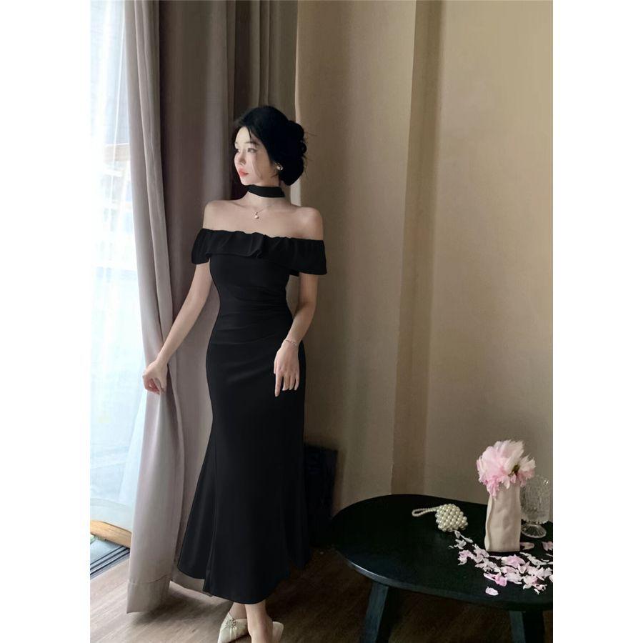 Elegant Summer One-Shoulder French Fishtail Dress with Feminine Ruffles Small