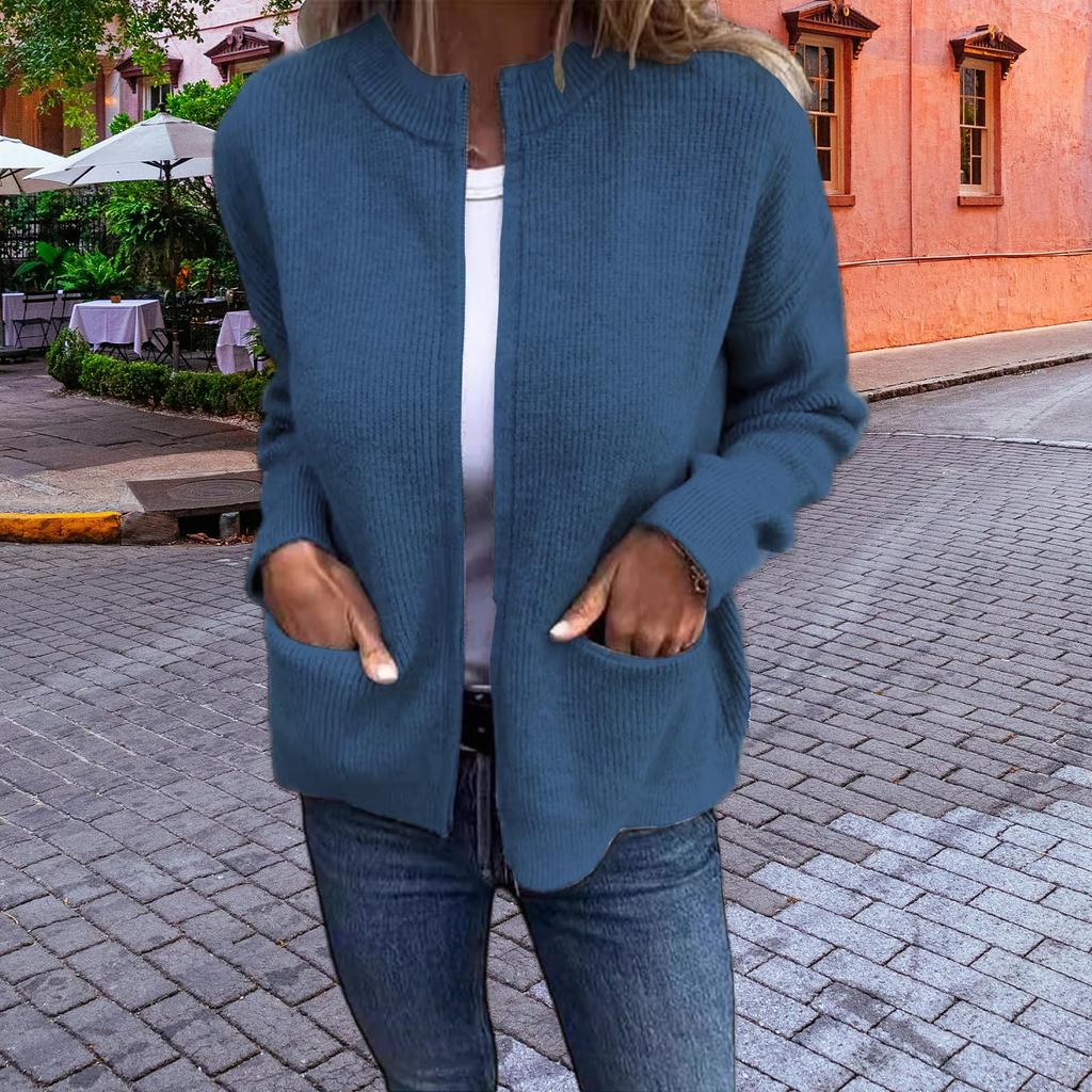 Women's Fashionable Solid Color Long Sleeved Stand Up Collar Zipper Loose Pocket Jacket Casual Jacket