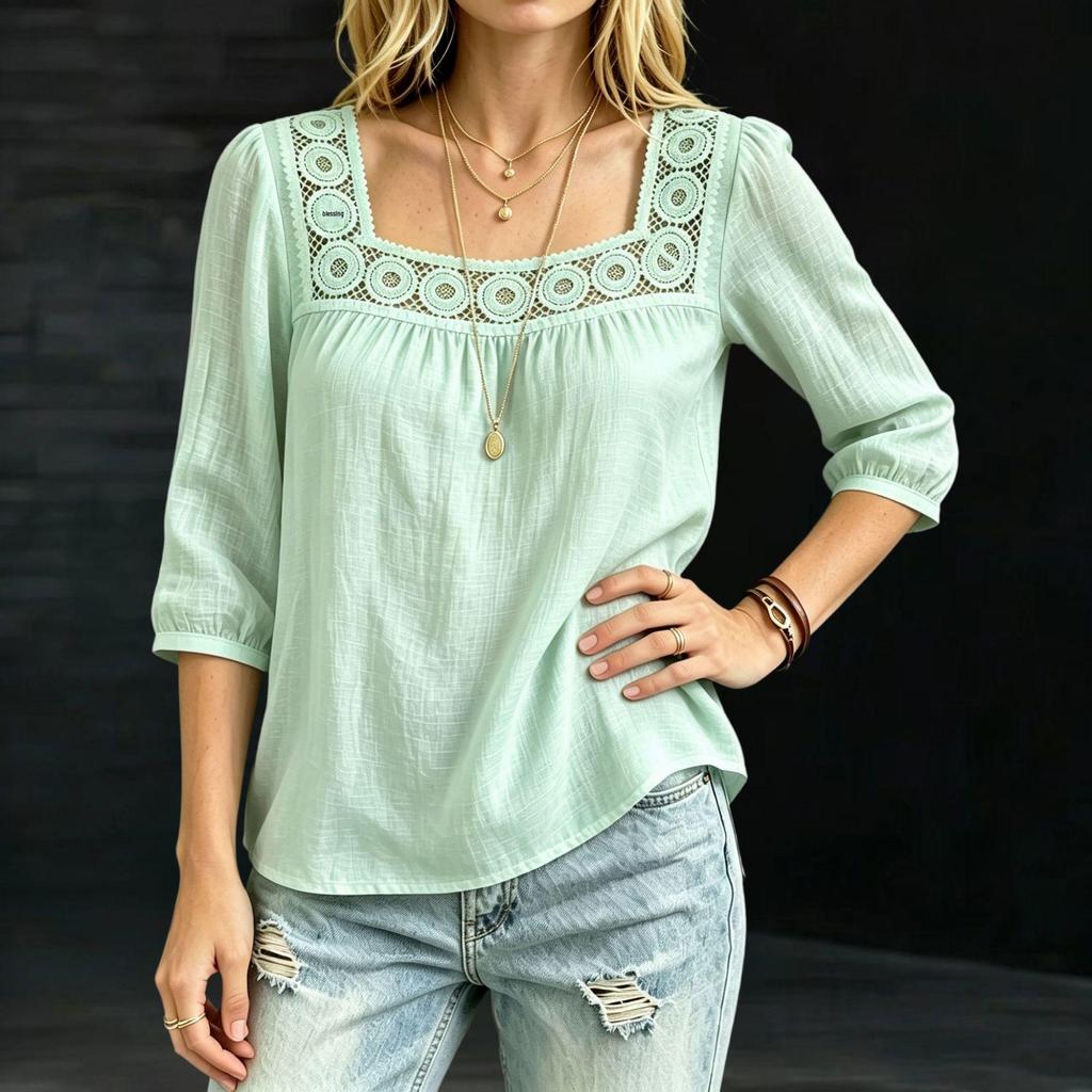 2026 Summer Women's Square Neck Lace Trim Seven-Sleeve Top