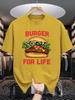 Unisex Navy Blue Tee Delicious Burger Food Letter Cartoon Graphic Print Crew Neck Short Sleeve Summer Casual Male Cotton Street Top