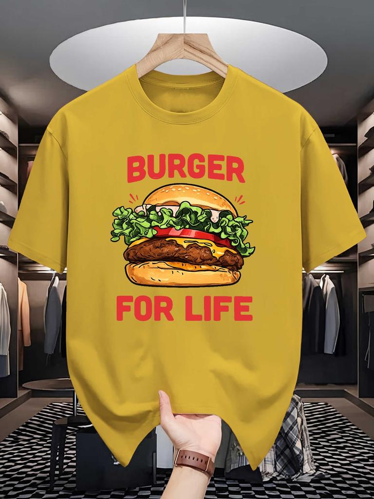 Unisex Navy Blue Tee Delicious Burger Food Letter Cartoon Graphic Print Crew Neck Short Sleeve Summer Casual Male Cotton Street Top