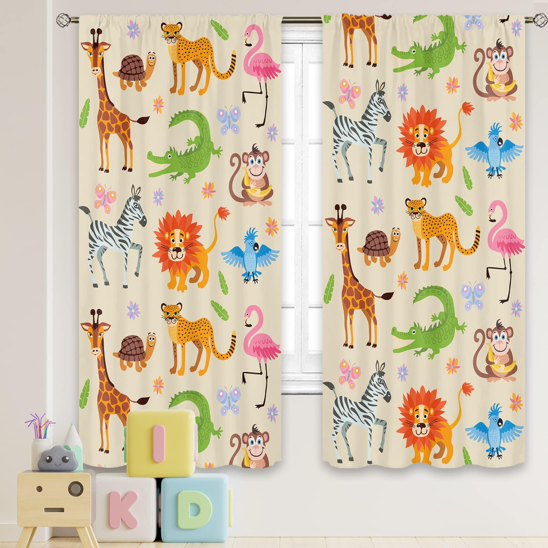 

Nursery Safari Animals Curtains Baby Boy Kids Woodland Jungle Forest Lion Printed Curtains for Living Room Bedroom Window Drapes W110H240(CM)x2pcs&Grommet Top