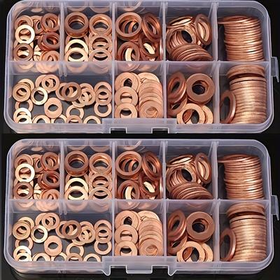 Juego de 200 juntas de arandela de cobre: kit de juntas de anillo plano surtido para reparaciones de automóviles, tapón de drenaje de aceite, surtido de juntas tóricas automotrices