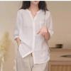 Summer Solid Color V-neck Shirt for Women Mid Sleeved Western-style Shirt for Women
