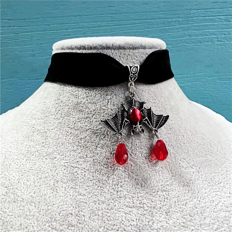 Gothic Bat Pendant Necklace With Red Crystal For Punk Style And Party Wear