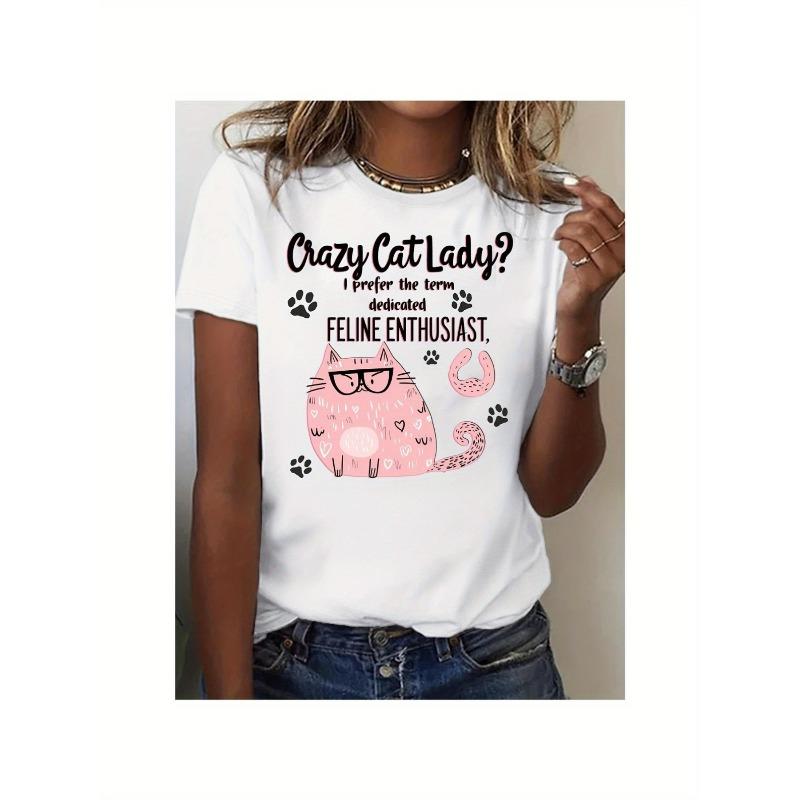 Women's Feline Enthusiast Cat Graphic T-Shirt Pink Casual Short Sleeve Crew Neck All Season Cat Lover Tee