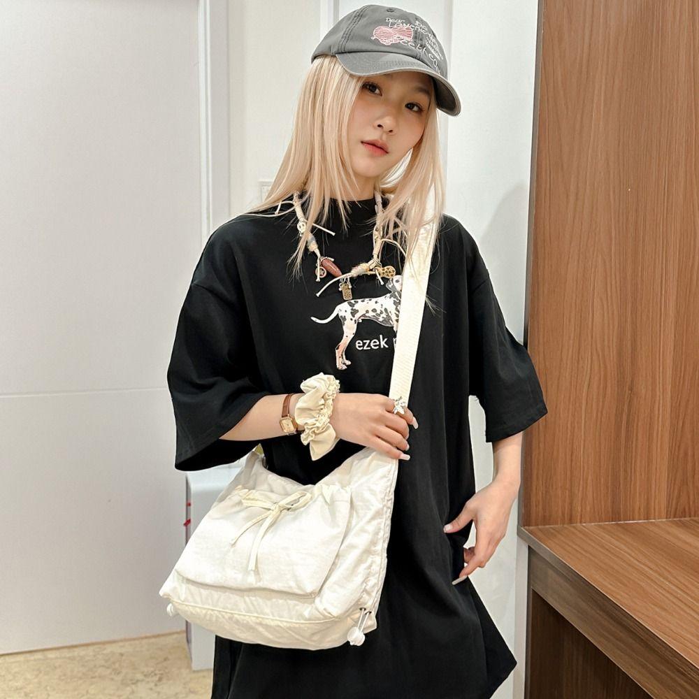 

Oxford Cloth Bow Crossbody Bag Pleated Drawstring Bag Casual Nylon Shoulder Bag Outdoor сірий