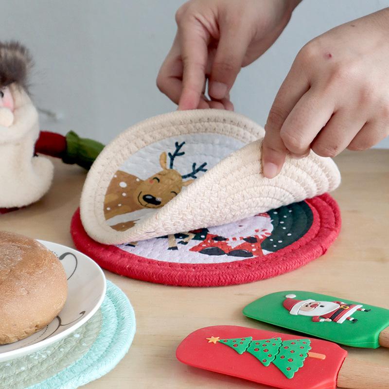 Christmas Cotton Rope Round Coasters Heat Insulation Non-Slip Durable Printed Coaster Home and Decoration Kitchen Utensils