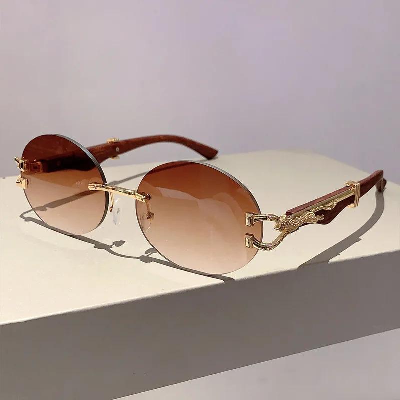 New Luxury Designer Vintage Rimless Oval Sunglasses Women Men Trendy Punk Metal Leopard Eyeglasses