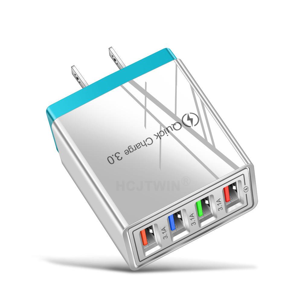 4-Port USB Mobile Charger 3A with LED Light for EU/US Specs, Compatible with Tablets & Phones