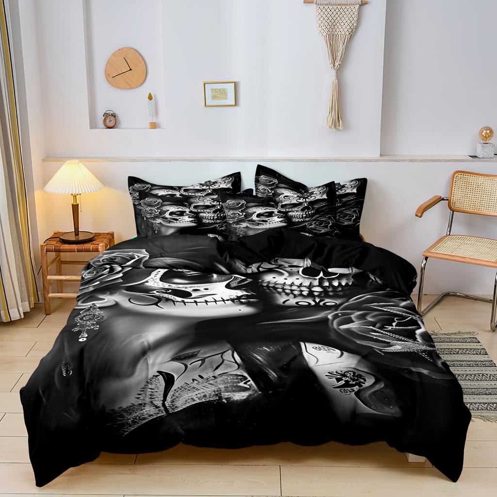3-teiliges Gothic Mexikanischer Zuckerschädel Frau Bettbezug Bettwäsche-Set Blumen- & Schädelmuster - Ideal für Tag der Toten Feiern