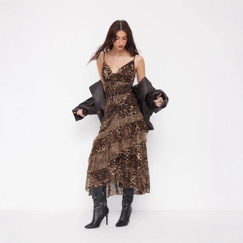 American sexy leopard print mesh suspender dress perspective V-neck backless ruffle edge waist thin holiday dress