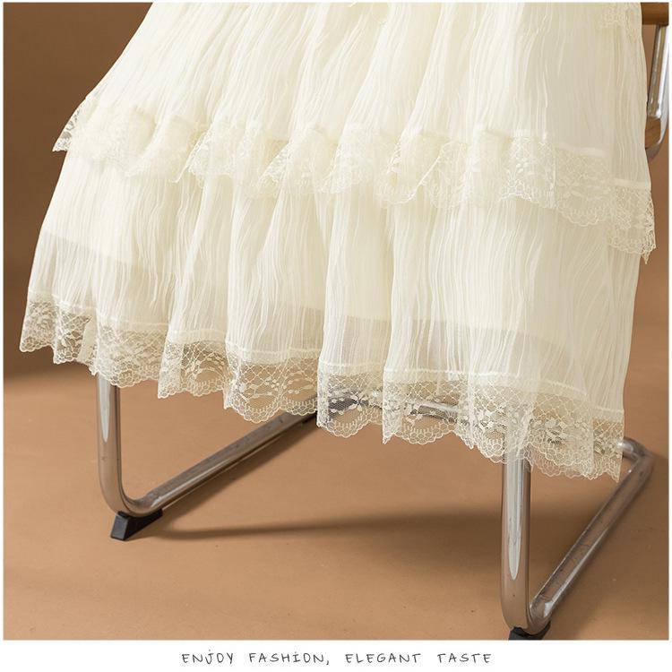 2025 Summer Women's Gentle Style Lace Trim Elastic Waist A-Line Midi Skirt