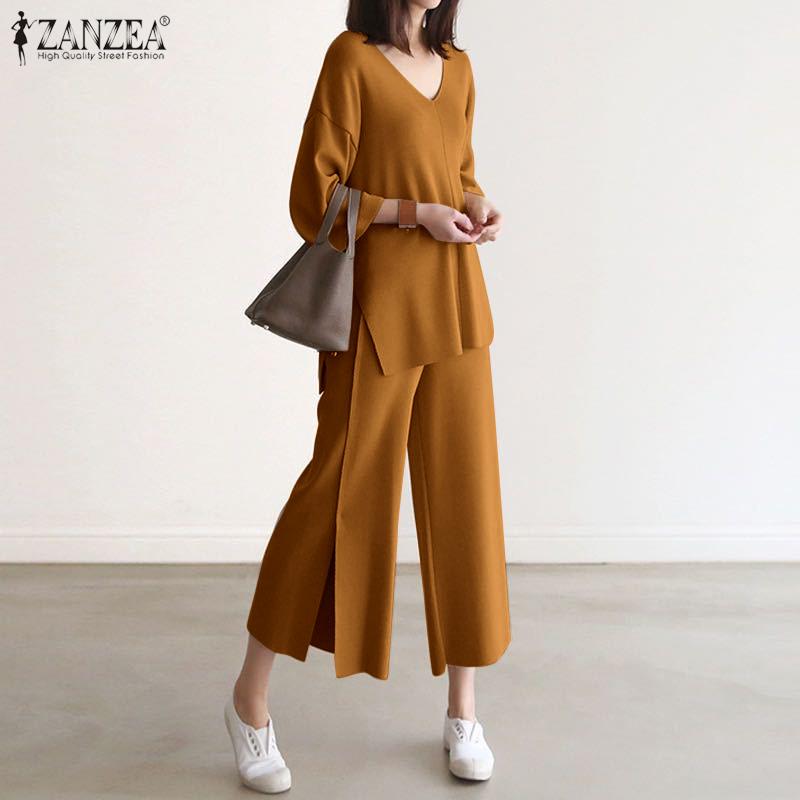 

ZANZEA V Вырез Топы Клеш Длинные Брюки Женщины 2 шт. Комплекты Весна