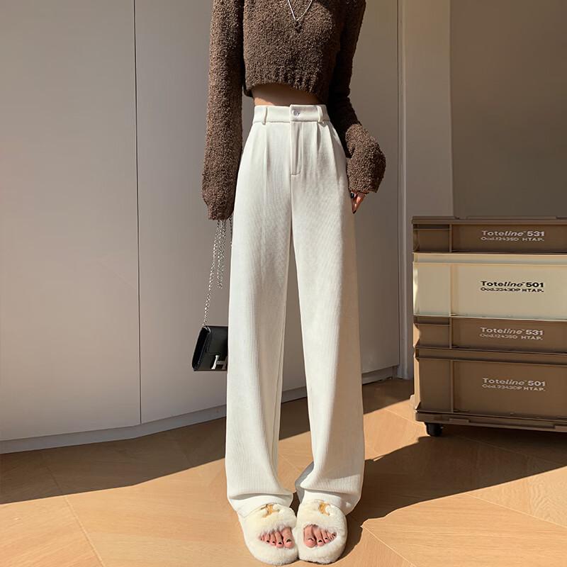 Zuose Women's High-Waisted Wide-Leg Fleece-Lined Casual Trousers